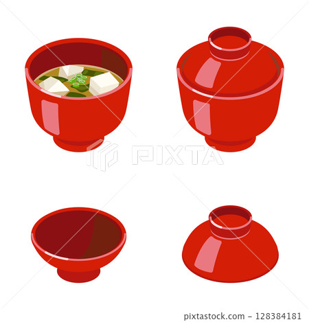 Red miso soup bowl set (with lid, without lid, lid only) Flat isometric Red miso soup bowl set (with lid, without lid, lid only) Flat isometric 128384181