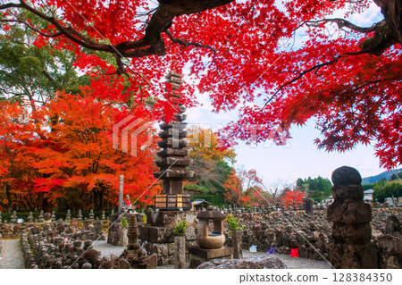 pagoda in graveyard of Adashino temple and fall colors, Arashiyama 128384350