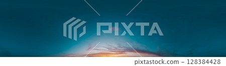 Dark moody twilight Sunset sky 360 panorama with bright glowing red pink Cirrus clouds. HDR 360 seamless spherical panorama. Sky dome for aerial drone panoramas. Climate and weather change 128384428