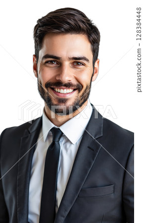 Man Suit Tie. A young Caucasian man with short dark hair and a beard, wearing a dark suit, white shirt Man Suit Tie. A young Caucasian man with short dark hair and a beard, wearing a dark suit, white shirt 128384448