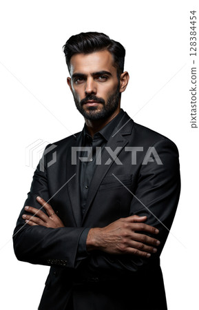 A Middle Eastern male entrepreneur in matte black, arms folded, with glowing projections of technological advancement and wealth, symbolizing his 128384454