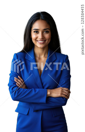 A South Asian female CEO in bright sapphire blue, arms crossed, with a soft aura of light representing her leadership 128384455