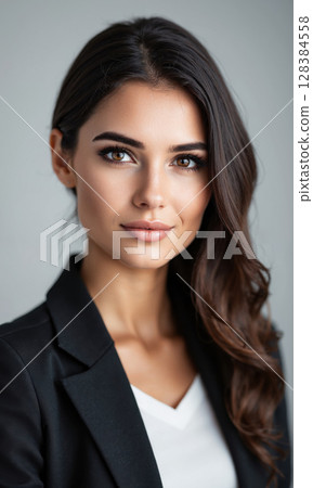 A White female business executive with a confident stance, her expression one of focus and clarity, embodying the leadership 128384558