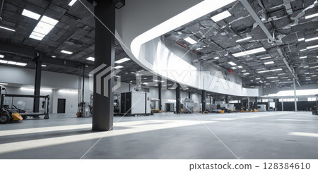 Neuromorphic Architecture Empty warehouse with ceiling structure inspired by neural networks, creating organic-looking connections across otherwise minimalist space. Subtle illumination 128384610