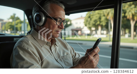 AI-Driven Senior Travel Assistance Device - A 75-year-old South Asian man using an AI-powered wearable device that guides him through 128384612
