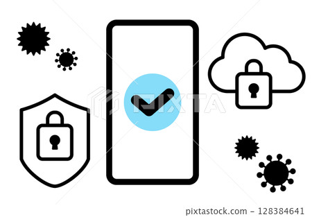 Simple line drawing vector illustration of smartphone security icons 128384641