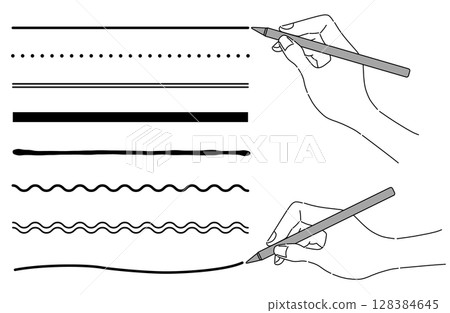 Simple line drawing vector illustration of a hand drawing various lines with a pen Simple line drawing vector illustration of a hand drawing various lines with a pen 128384645