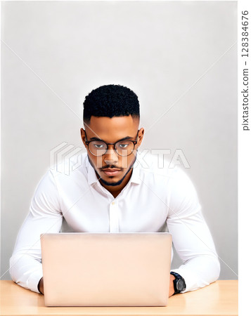 Content Writer A young Black man, 30-35 years old, with short curly hair, wearing glasses and a casual shirt while 128384676