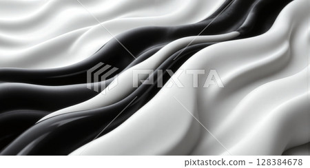 Black and White High-Contrast Wave Flow - A striking monochrome composition with smooth, undulating waves of black and white. 128384678