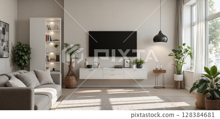 Living room Interior Plants modern living room with beige sofa TV wall shelf potted plants and large window 128384681