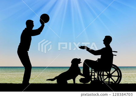 Silhouette of a disabled man in a wheelchair playing ball with a friend 128384703