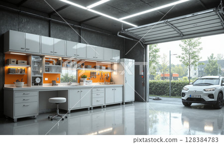 A futuristic garage with a self-organizing shelving system that uses AI to categorize and track items. The garage features a smart workbench with A futuristic garage with a self-organizing shelving system that uses AI to categorize and track items. The garage features a smart workbench with 128384783