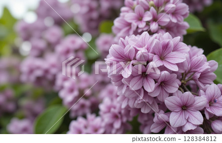 Syringa (Syringa vulgaris) Known for its fragrant, lavender to purple flowers in early spring, lilac is a beloved shrub in 128384812