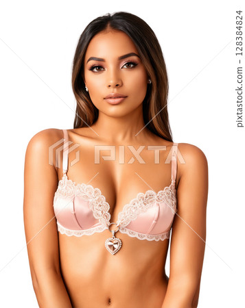 A silk satin garter with lace detailing and a small heart pendant in rose quartz, perfect for adding a soft A silk satin garter with lace detailing and a small heart pendant in rose quartz, perfect for adding a soft 128384824