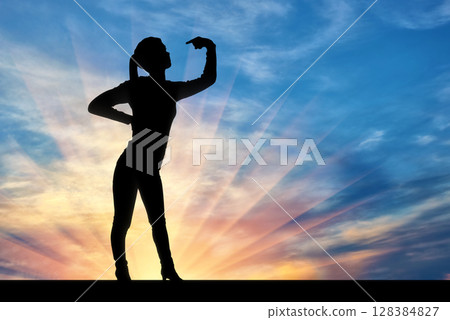 Silhouette of a narcissistic woman showing her finger at yourself 128384827