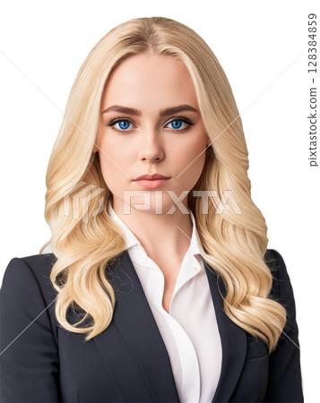 Young woman with long wavy blonde hair and deep blue eyes, a serious look. She wears a formal black dress 128384859