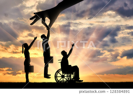 Employer's hand chooses a healthy worker from a crowd of people and not an invalid in a wheelchair 128384891