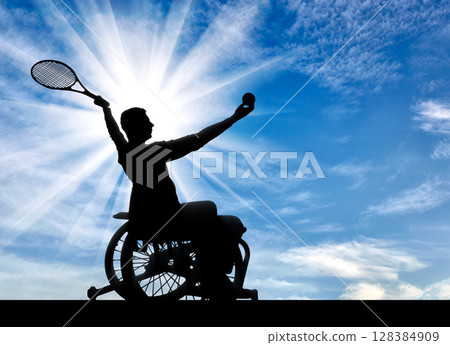 Silhouette of disabled person in a wheelchair playing tennis Silhouette of disabled person in a wheelchair playing tennis 128384909