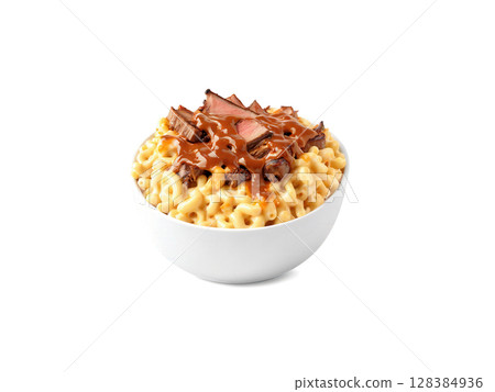 BBQ Brisket Mac and Cheese Rich mac and cheese topped with tender smoked brisket and a drizzle of barbecue sauce BBQ Brisket Mac and Cheese Rich mac and cheese topped with tender smoked brisket and a drizzle of barbecue sauce 128384936