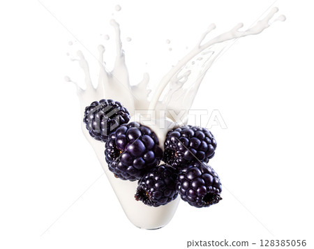 Blackberry Blackberries tumbling into milk with dark purple juice splashing out, creating a bold contrast with the milk splash. 128385056