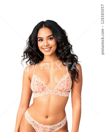 Pacific Islander woman with long black hair in loose curls, caramel eyes sparkling with joy, and a carefree smile, wearing 128385057