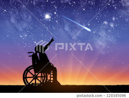 A disabled girl in a wheelchair against the starry sky 128385096