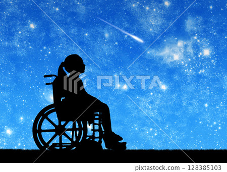 Silhouette of a disabled child girl sitting in a wheelchair looking at the starry sky Silhouette of a disabled child girl sitting in a wheelchair looking at the starry sky 128385103