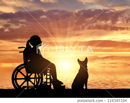 A disabled child in a wheelchair and her dog on a background of sea sunset A disabled child in a wheelchair and her dog on a background of sea sunset 128385104