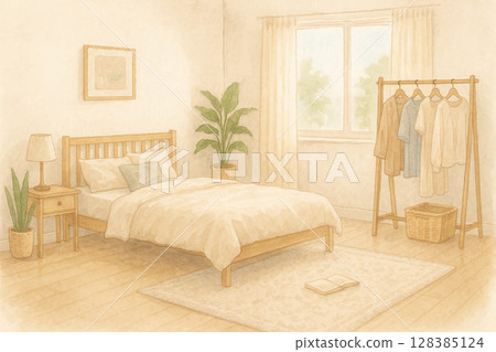 臥室衣架、室內植物、水彩插圖 128385124