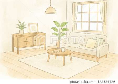 客廳簡約自然室內水彩插畫 128385126