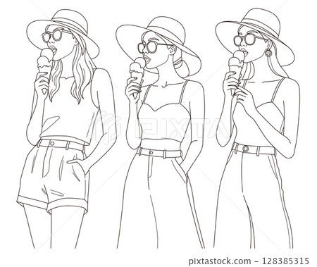 Three women eating ice cream, monochrome 128385315