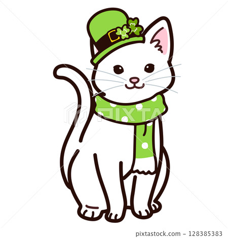 一隻扮成聖派翠克的白貓的插圖 一隻扮成聖派翠克的白貓的插圖 128385383