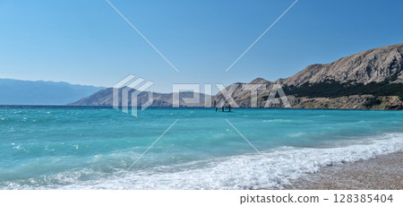 Panoramic view from beach (Vela Plaza) in Baska 128385404