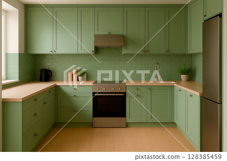 Modern Kitchen in Soft Green Tones with Minimalist Design. AI-generated image. 128385459