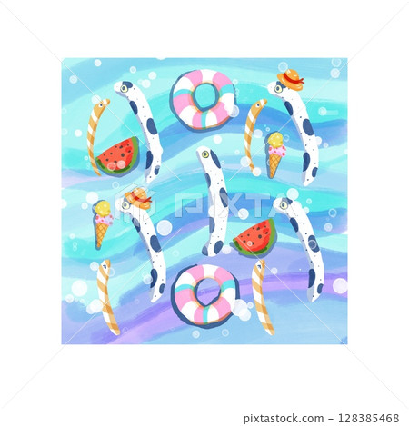 無縫夏季圖案與海馬和西瓜（帶空間） 128385468