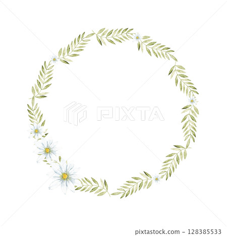 Elegant green and white floral wreath design. Isolated botanical frame. Template for first communion, baptism, wedding, birthday greeting cards, invitation, save the date. Copy space 128385533
