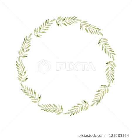 Elegant light green leaf wreath for decorative designs. Isolated botanical frame. Circle template for first communion, baptism, wedding, birthday greeting cards, invitation, save the date. Copy space 128385534