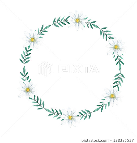 Elegant floral wreath with white flowers, green leaves for decorative designs. Template for first communion, baptism, wedding, birthday greeting cards, invitation, save the date. Copy space. Isolated 128385537