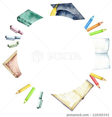 Creative back to school round frame with books, pencils, and graduation cap. Start of school year. Circle template. Copy space. Watercolor illustration. Hand drawn. Isolated. Free space for text 128385541