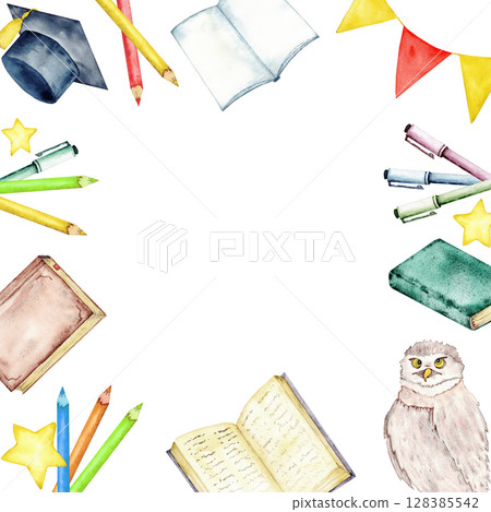 Creative back to school square frame with educational supplies for classroom design. Template for start of school year. Circle template. Copy space. Watercolor illustration. Hand drawn. Isolated Creative back to school square frame with educational supplies for classroom design. Template for start of school year. Circle template. Copy space. Watercolor illustration. Hand drawn. Isolated 128385542
