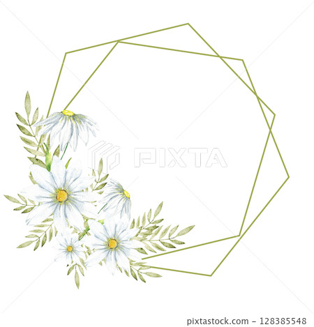 Floral green frame with daisies for spring design and decoration. Template for first communion, baptism, wedding, birthday greeting cards, invitation, save the date. Copy space 128385548