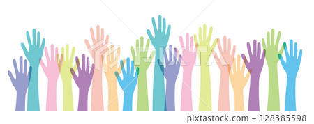 Raise your hands, many hands, raising your hands, live, colorful, vector 128385598