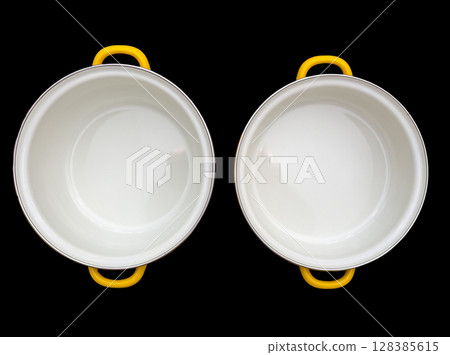 Two metal pots. 128385615