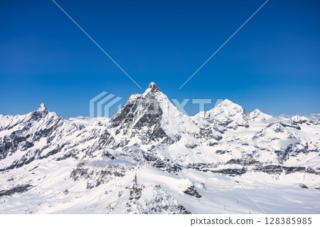 Matterhorn Mountain epic aerial view with white snow,Switzerland 128385985