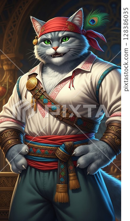 Pirate Cat with Emerald Eyes and Feathered Headband 128386035