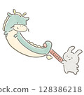 The rabbit is passing the baton of this year's zodiac sign in a relay race, while the dragon is receiving it. 128386218