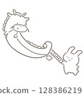 Rabbit passing the baton of this year's zodiac sign in a relay race, and Tatsu receiving it, black and white 128386219