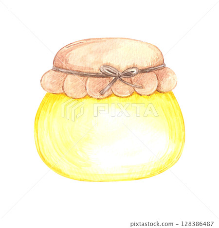 Golden honey jar, hand drawn watercolor illustration isolated on white background. Can be used for card or label, postcards and other printed products. Golden honey jar, hand drawn watercolor illustration isolated on white background. Can be used for card or label, postcards and other printed products. 128386487
