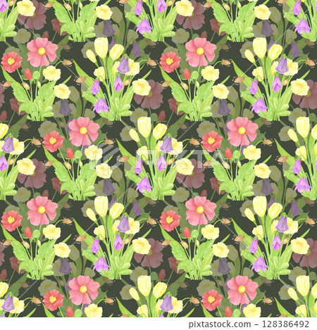 Hand drawn watercolor wildflowers bouquets seamless pattern. Flower of the field isolated on dark background. Can be used for textile, fabric, scrapbook and other printed products. Hand drawn watercolor wildflowers bouquets seamless pattern. Flower of the field isolated on dark background. Can be used for textile, fabric, scrapbook and other printed products. 128386492