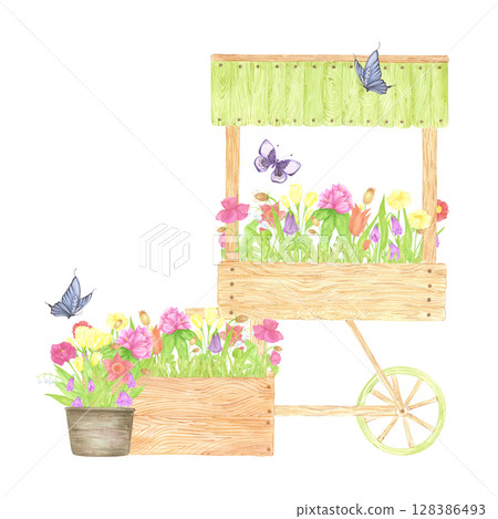 Hand drawn watercolor wildflowers and leaves in a pots and wooden cart with butterflies isolated on white background. Can be used for postcard, label, scrapbook and other printed products. Hand drawn watercolor wildflowers and leaves in a pots and wooden cart with butterflies isolated on white background. Can be used for postcard, label, scrapbook and other printed products. 128386493
